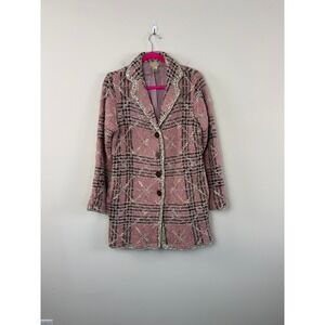 Sigrid Olsen Sport Jacket Pink M Plaid Wool Blend Fuzzy Finish Longline Boho VTG